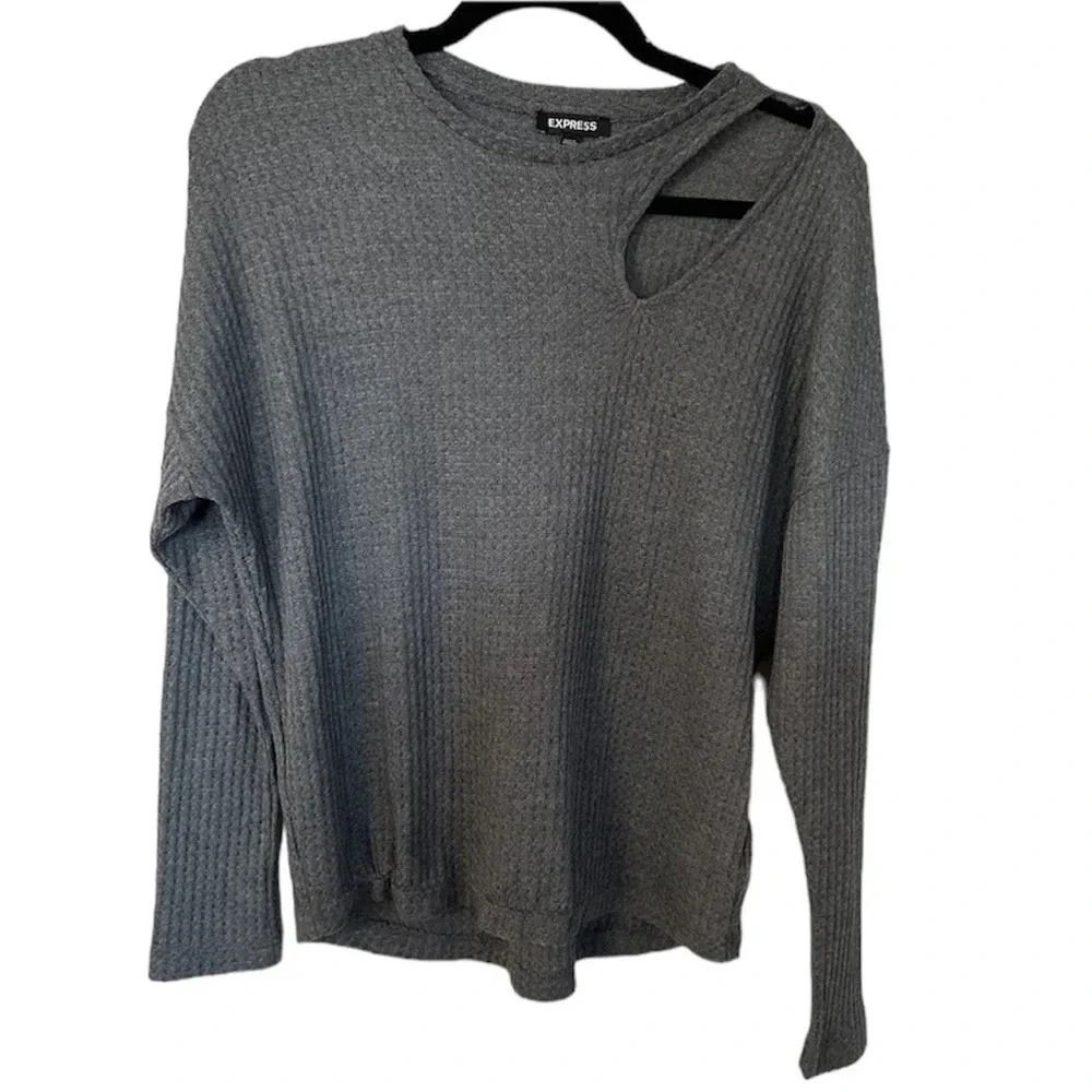 Express Women's Long Sleeve Gray Shoulder Cut-Out Waffle Knit Sweater Sz XS GUC